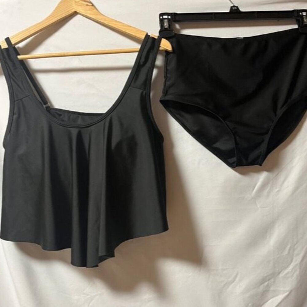 Women's Black High Waisted Bikini Set Flounce Top Adjustable Straps Size L